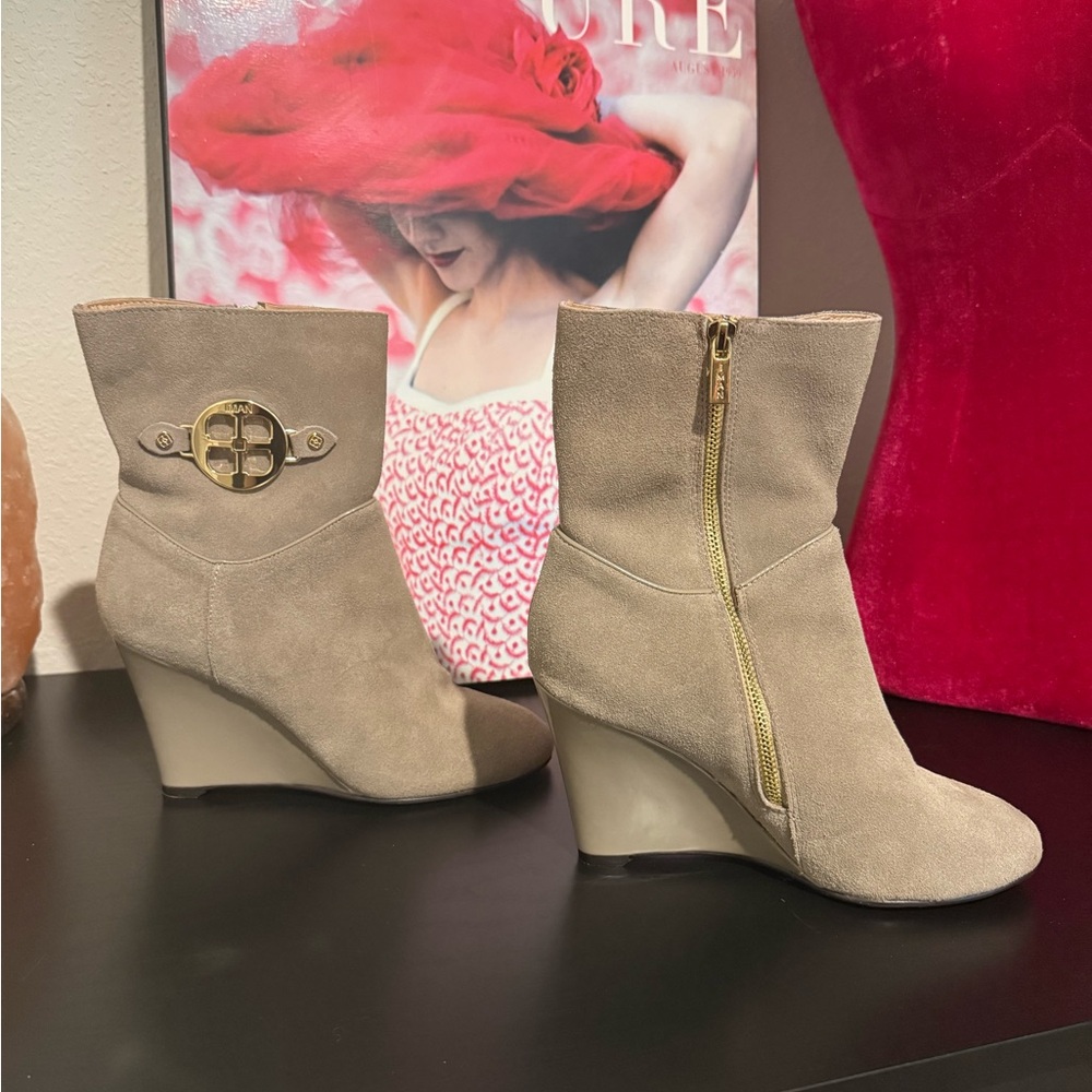 IMAN Suede Wedge Boots with Gold Detailing